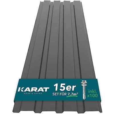 Afbeelding van Karaat Set van 15 trapeziumplaten 115 x 45 cm Geprofileerde beplating met schroeven 7,7 m², Dakwandbeplating, Dikte: 0,25 mm, Plaatstalen dakpanelen, Wandbekleding (grijs)