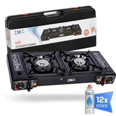 Afbeelding van Z.M.C Campinggasfornuis, 2 pits, met adapter voor lpg aansluiting + 12 gaspatronen van 227 g, campingkooktoestel piëzo ontsteking gebruik buiten en binnen