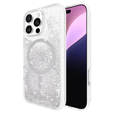 Afbeelding van Case Mate Waterfall Silver geschikt voor iPhone 16 Pro Max Compatible met MagSafe Glinsterende Waterval Telefoonhoesje 3 meter valbescherming