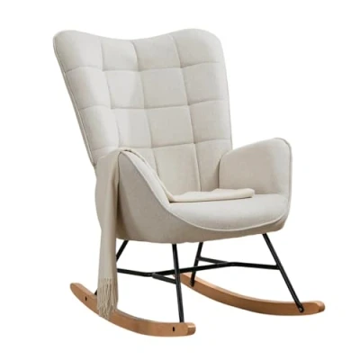 Afbeelding van MEUBLE COSY Schommelstoel voor borstvoeding, Scandinavische vrijetijdsstoel en rust, van stof, met poten hout, metaal, woonkamer, slaapkamer, massief, beige, 66 x 84 97 cm