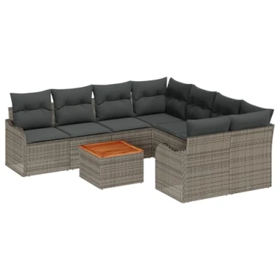 Afbeelding van vidaXL 9 delige Tuinsofa Set met Kussens in Grijze Poly Rattan en Acacia, 2 zitter Opslag &amp;