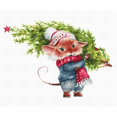 Afbeelding van Borduurpakket Luca S Muis met kerstboom B1169 telpatroon om zelf te borduren