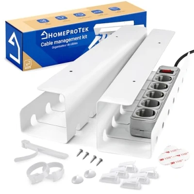 Afbeelding van HOMEPROTEK Kabelgoot bureau kabelmanagement voor nette werkplek, thuiskantoor kabelbeheer, kabelorganizer set van 2, 43 x 10 cm kabelhouder wit
