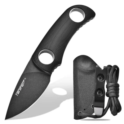 Afbeelding van TONIFE mes met vast lemmet 4,7 cm, mini nekmes Kydex hoes en koord, EDC draagbaar voor outdoor survival (zwart+zwart oxide, dan Stonewash)