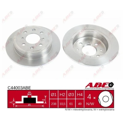 Afbeelding van ABE C44003ABE Remschijf Achteras 238,5 10,0 4 100 volledig HONDA: CRX 3, 2, CIVIC Hatchback, ROVER: 400 Tourer, 200 Hatchback