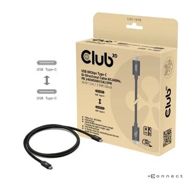 Afbeelding van club3D USB C kabel 4.0 stekker 1.2 m Zwart CAC 1570