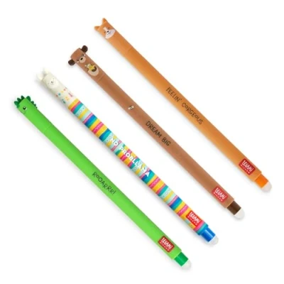 Image de Legami Lot de 4 stylos gel effaçables, Thèmes Dino, Teddy Bear, Corgi, Llama, boule sur les extrémités pour enlever l&#039;encre, noir, bleu, vert, rouge, thermosensible, diamètre la pointe 0,7 mm