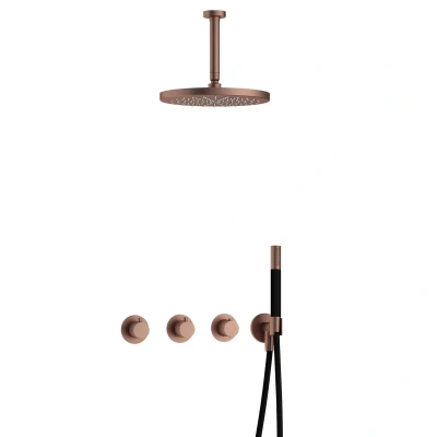 Afbeelding van Hotbath Cobber Regendoucheset IBS70 Geborsteld Koper PVD Staaf handdouche 30cm Hoofddouche 15cm Plafondbuis Handouche met wandhouder