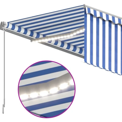 Afbeelding van vidaXL Luifel handmatig uittrekbaar met rolgordijn LED 4x3 m blauw wit