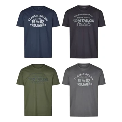 Afbeelding van TOM TAILOR Lot de 4 t shirts d&#039;été en coton pour homme Coupe droite Col rond Manches courtes Logo imprimé 100 % Noir, blanc, vert, rouge, bleu, gris, orange Tailles S, M, L, XL