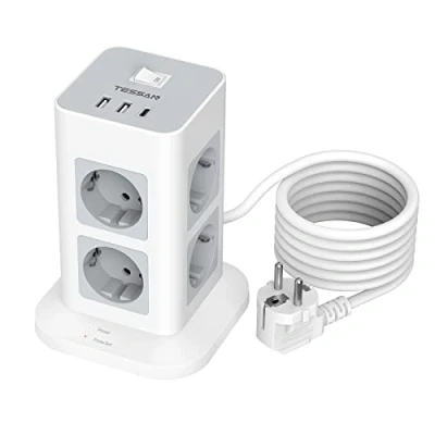 Afbeelding van TESSAN Verticale stekkerdoos met overspanningsbeveiliging voor thuis, 8 gangbare AC stopcontacten en 2 USB A, 1 C, m kabel, grijs