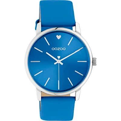 Afbeelding van Oozoo Vintage dameshorloge Zilver Met 20 mm leren band Rond analoog horloge, Blauw, Armband