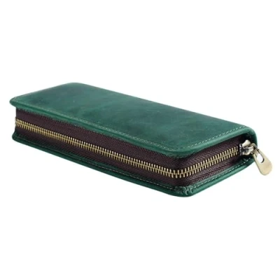 Afbeelding van DONGKER Vintage leren etui met ritssluiting voor 9 pennen en 2 veren school, werk, kantoor, Donkergroen, Retro