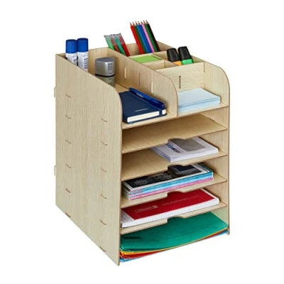 Afbeelding van Relaxdays bureau organizer documentenbak brievenbak desk pennenbak bruinen