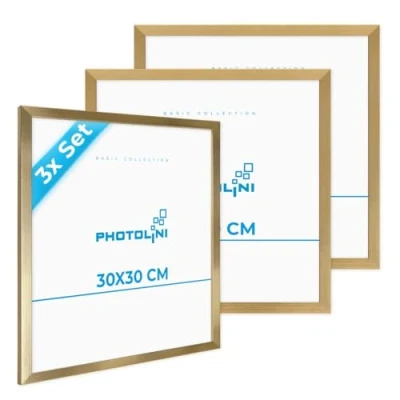 Afbeelding van PHOTOLINI Fotolijst 30 x cm, MDF hout, goud, set van 3 fotolijsten voor posters en posters, onbreekbaar acrylglas, wanddecoratie om op te hangen, met extra accessoires