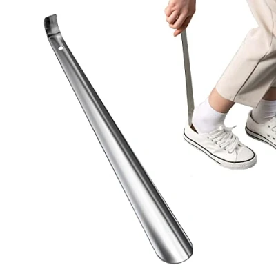 Afbeelding van Lange schoenlepel van zilverkleurig metaal, 42 cm lang, geen overmatige buiging
