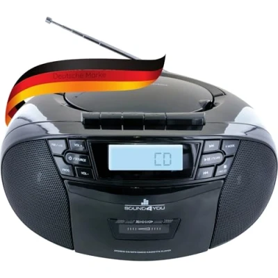 Afbeelding van SCHWAIGER 658026 CD speler met cassette en MP3 radio, USB aansluiting, AUX hoofdtelefoon Boombox, netvoeding batterijen, draagbaar, zwart