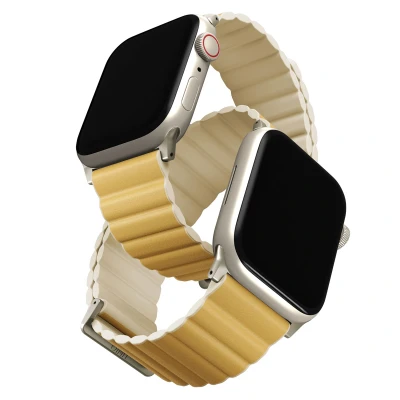 Afbeelding van Uniq Revix Premium Edition dubbelzijdig bandje voor de Apple Watch 1 / 2 3 4 5 6 7 8 9 SE 38 40 41 mm Ivory/Canary Yellow