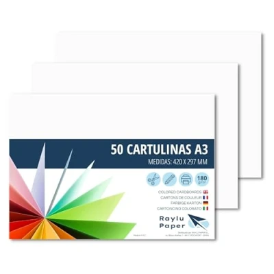 Afbeelding van RAYLU PAPER Gekleurd papier A3, 50 vellen karton 180 g/m², 297 x 420 mm, professionele kleurendozen voor kantoor, handwerk (wit)