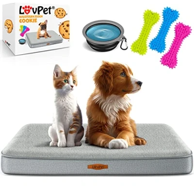 Afbeelding van LovPet® Hondenbed Orthopedisch Hondenkussen Hondenmand Cookie, Incl. Kom + 3X Kauwbotten, Hondenbank voor Kleine, Middelgrote &amp; Grote Honden, Hoes Afneembaar en Wasbaar M (76 x 51 7.6 cm), Grijs / Lichtgrijs