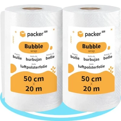 Afbeelding van packer PRO 2 rollen noppenfolie van kunststof, 50 cm breed (A) en 20 m lang (L), ideaal voor verhuizingen, verpakking verzending
