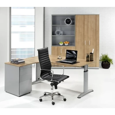 Afbeelding van Hoogte verstelbare T poot wingbureau Work breed 160CM diep 120CM bladkleur Kersen framekleur Zwart (RAL9005) wingzijde Rechts