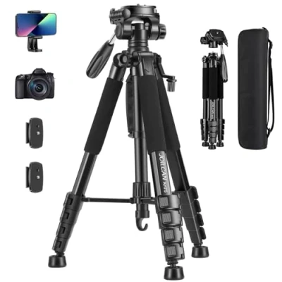Afbeelding van JOILCAN Camerastatief voor Canon Nikon, 74 inch lichtgewicht DSLR statief camerastandaard met afneembare kop en universele telefoonhouder, versterkt aluminium hoog Vlog Live Streaming Max belasting 15 lbs