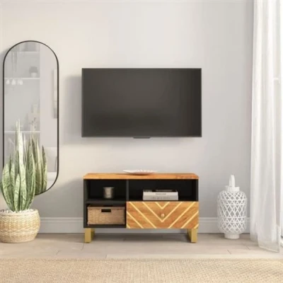 Afbeelding van Tv meubel 80x33,5x46 cm massief mangohout bruin en zwart