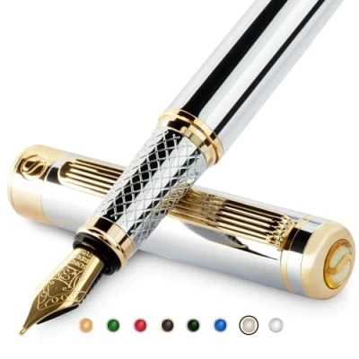 Afbeelding van Zilveren Chrome Vulpen Scriveiner Prachtige Pen met 24K gouden afwerking, Schmidt 18K Vergulde penpunt (breed), Beste Gift Set voor Mannen &amp; Vrouwen, Professioneel, Executive, Kantoor, Mooie Pennen