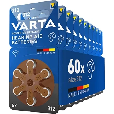 Afbeelding van VARTA Gehoorbatterijen type 312, bruin, 60 stuks, Power on Demand batterijen voor versterker, hoortoestellen, gemaakt in Duitsland