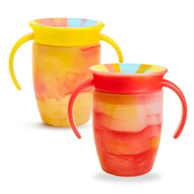 Image de Munchkin Miracle 360 6+ Month 7oz Baby Sippy Cups (2 Pack), Free Flow Beaker for Toddlers, Trainer Cup, BPA Free, Spill Dishwasher Safe Water Bottle with Easy Grip Handles. (Red/Yellow)