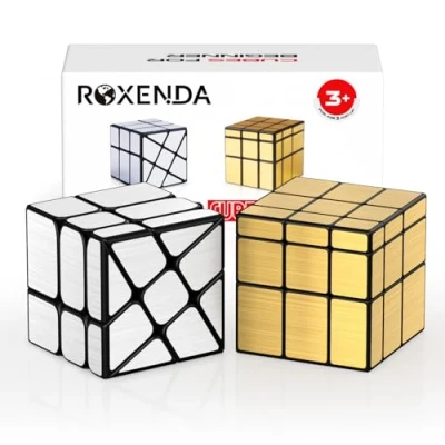 Afbeelding van ROXENDA Mirror Cube Set Gold Spiegel S &amp; Silver Windmirror, Onregelmatige Cubing 3 x Puzzel Twisty Box