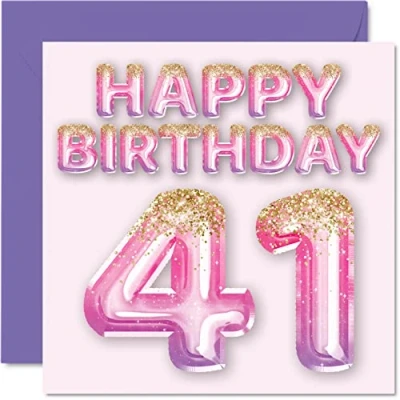 Afbeelding van Verjaardagskaart voor de 41e verjaardag vrouwen roze en paarse glitterballonnen verjaardagskaarten verjaardag, moeder, neef, vriendin, zus, tante, 145 mm x