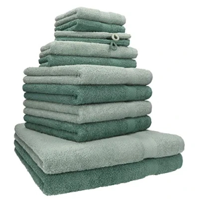 Afbeelding van Betz Set van 12 premium handdoeken, 2 badhanddoeken, 4 gastendoekjes, washandjes, 100% katoen, kleur hooigroen en dennengroen