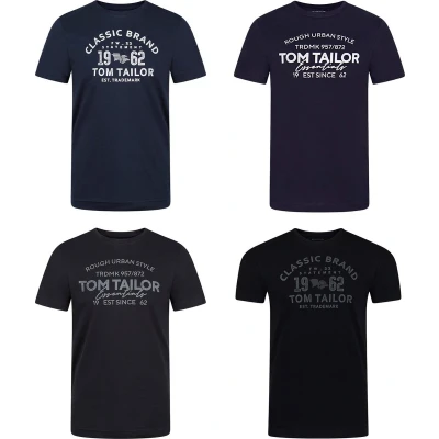 Afbeelding van TOM TAILOR Set van 4 katoenen zomerT shirts voor heren, regular fit, ronde hals, korte mouwen, logo print, 100% katoen, zwart, wit, groen, rood, blauw, grijs, oranje, maten S, M, L, XL,, marineblauw
