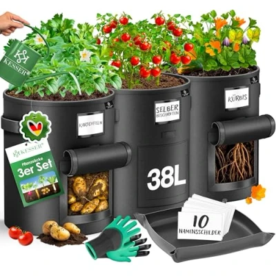 Afbeelding van KESSER® Set van 3 aardappelplantenzakken 38 liter, vliesstof, met naamplaatjes, venster en handgrepen, wasbaar, handschoenen werkmat, zwart