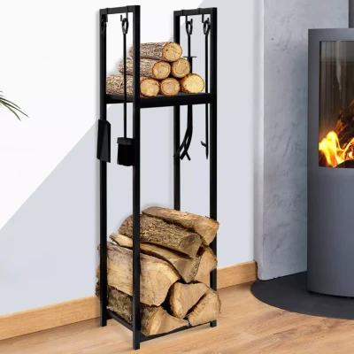 Image de Range bûches vertical acier noir avec accessoires et 1 étagère H.112 CM