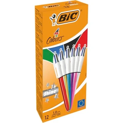 Image de BIC 4 Couleurs Shine Stylos Bille Rétractables Pointe Moyenne (1,0 mm) Corps Assortis Métallisés, Boîte de 12