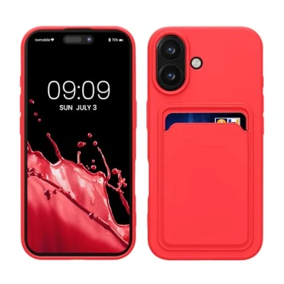 Afbeelding van kwmobile telefoonhoesje geschikt voor Apple iPhone 16 Hoesje met pasjeshouder TPU case in neon roze