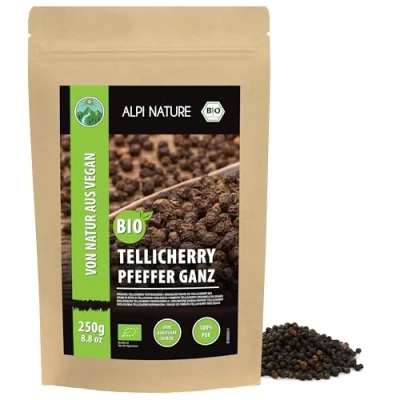 Afbeelding van biologische tellicherry zwarte peper (250 g), peperkorrels van gecontroleerde teelt, laboratoriumgetest, 100% zuiver en natuurlijk