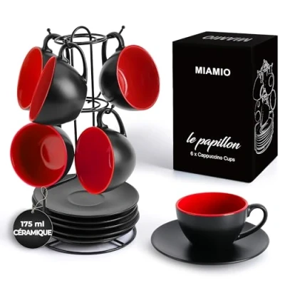 Afbeelding van MIAMIO 6 x 175 ml cappuccino kopjes/cappuccino kopjesset voor buiten zwart gekleurd interieur collectie Le Papillon (rood)