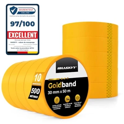 Afbeelding van HASKYY Goldband 10 stuks crêpetape voor schilders, 30 mm x 50 m, professioneel washi papier goud