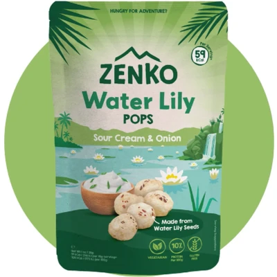 Afbeelding van ZENKO Water Lily Pops Sour Cream &amp; Onion (8x28g) Vegetarisch, glutenvrij, 10% proteïne Healthy snack Better than popcorn!
