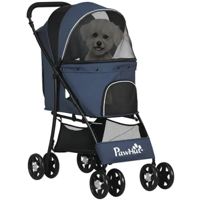 Afbeelding van PawHut Hundewagen, faltbarer Hundebuggy, Hundetrolley mit Kissen, Katzenbuggy, Katzenwagen 4 Rädern, Netzfenster, Stauraum für kleine Hunde, Katzen, 600D Oxford, Marineblau