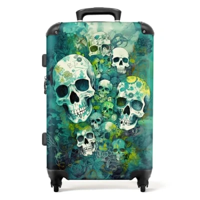Afbeelding van NoBoringSuitcases.com® Rolkoffer, bagage voor dames en heren, cabinekoffers ruimbagage, Turquoise Bloemen Schedel, Koffer