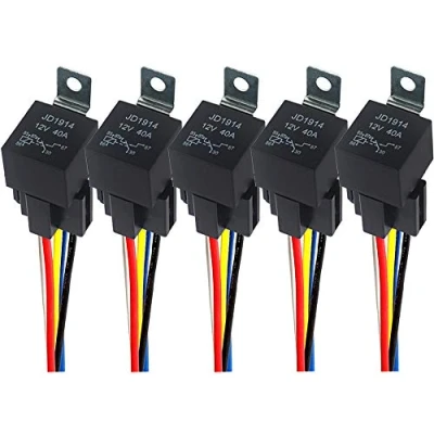 Afbeelding van QitinDasen 5 stuks polige auto relais, 12 V 40 A SPDT relais met straalstekker en 14/16 AWG voorbekabeld, voor auto, vrachtwagen, boot (zwart)