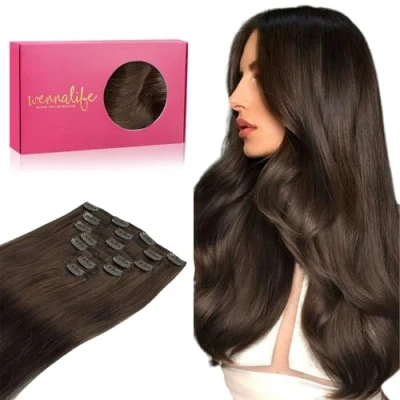 Afbeelding van WENNALIFE Clip in haarverlengingen met echt natuurlijk haar, 45 cm, 120 g, 7 stuks, chocoladebruin