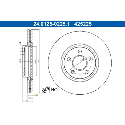 Afbeelding van ATE Remschijf FORD: Transit Connect V408 Van, Tourneo / Grand Estate, Mk2 Estate 24.0125 0225.1 2279487