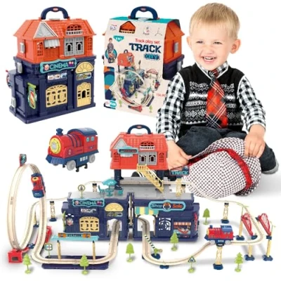 Afbeelding van sun baby Elektrische locomotief voor kinderen vanaf 3 jaar, speelgoed met gesp, viaduct, brug, barrière, stationsgebouwen, bioscoop en winkel