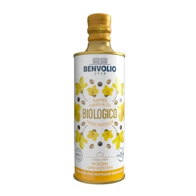 Image de BENVOLIO Huile de Colza Biologique 500ml Canola BIO riche en Oméga 3 et Vitamine E Idéal pour Cuisson Salades, Polyvalente Bébé Toute Famille Rapsöl, Rapeseed Oil